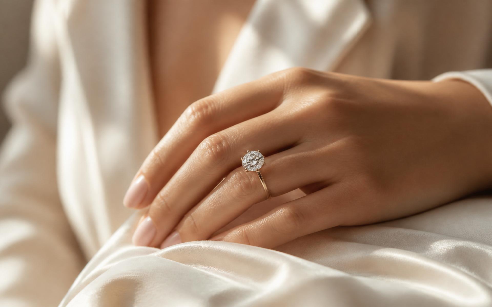 Moissanite solitaire engagement ring on ivory silk